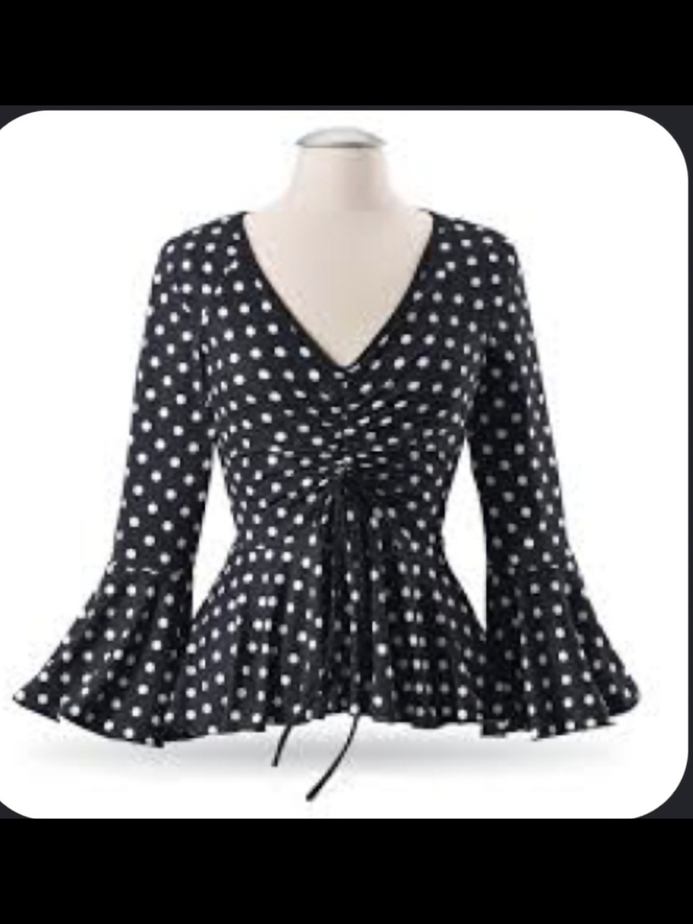 The Pyramid Collection Black & White Polka Dot V-Neck Ruched Peplum Top. Size1XL
